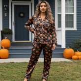 Halloween Party Pajama Set – Black Satin Pumpkin Long Sleeve PJs